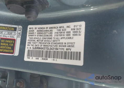 2013 Honda Cr-V Lx z USA, uszkodzony, nr VIN 5J6RM4H37DL043184